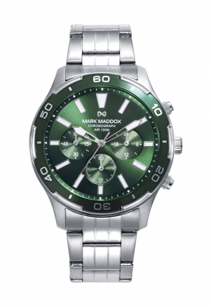 Mission Montre boîtier en acier avec lunette verte 10 atm et bracelet en acier avec mouvement à quartz