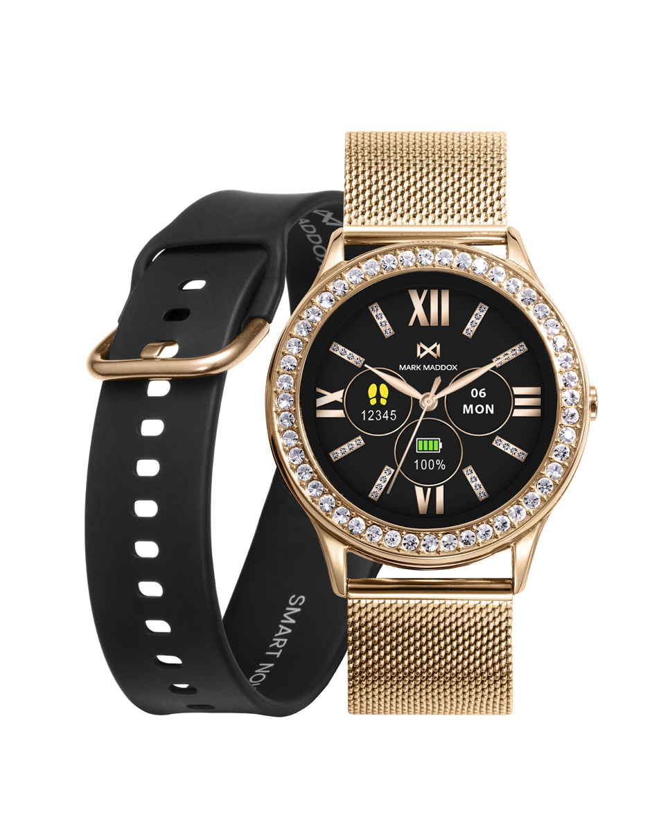 Reloj Mujer Smartwatch de hombre Smartnow de aluminio en ip dorado con  piedras en bisel y correa de silicona MS1002-90
