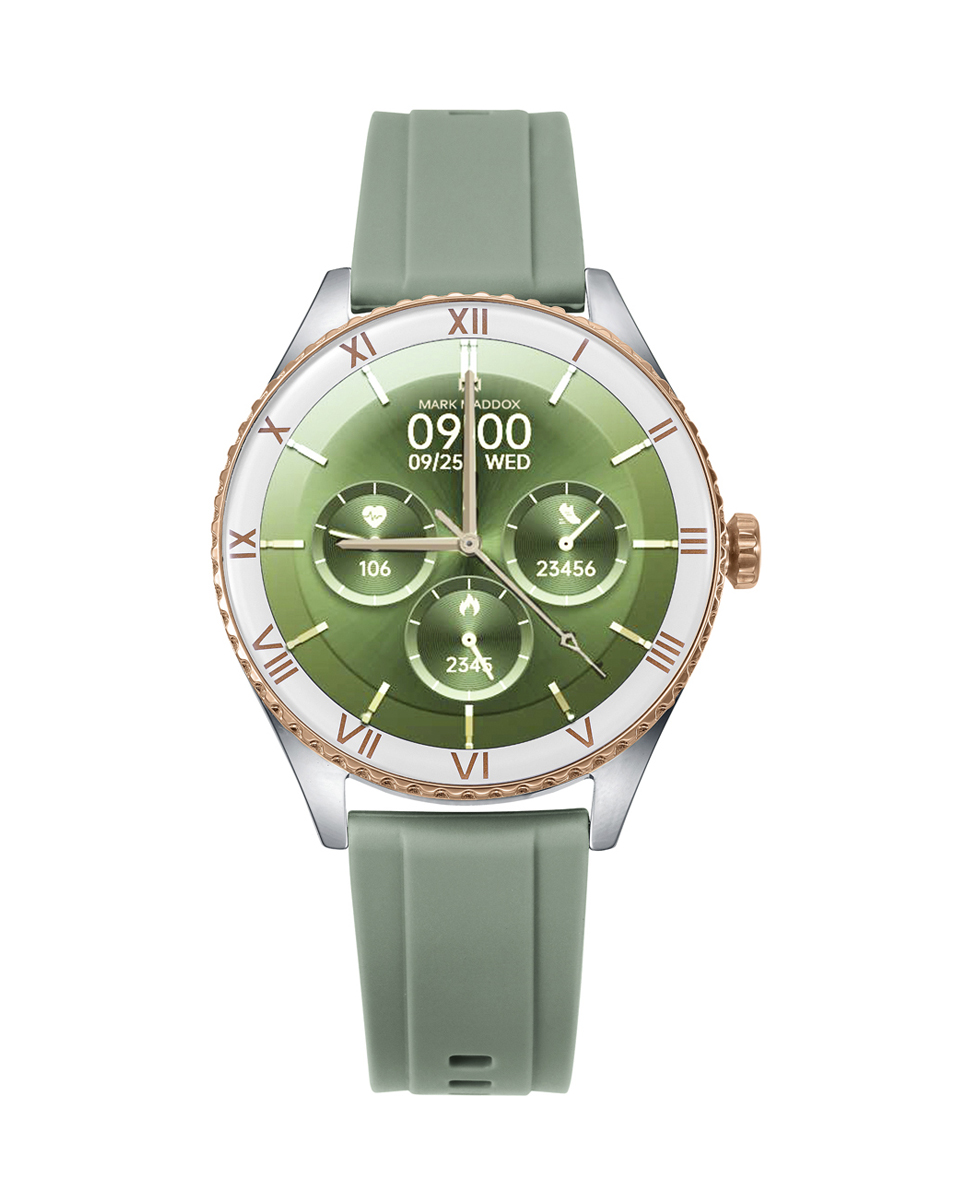 Reloj Smart de metal bitono en acero e Ip rosa  con correa silicona verde